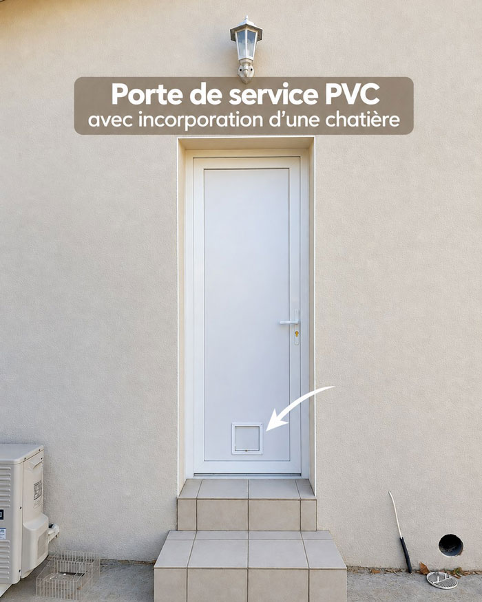 Porte de service en PVC avec chatière intégrée