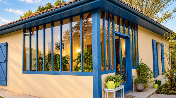 Véranda avec structure en bois peinte en bleu et grandes surfaces vitrées à Saint-Perdon